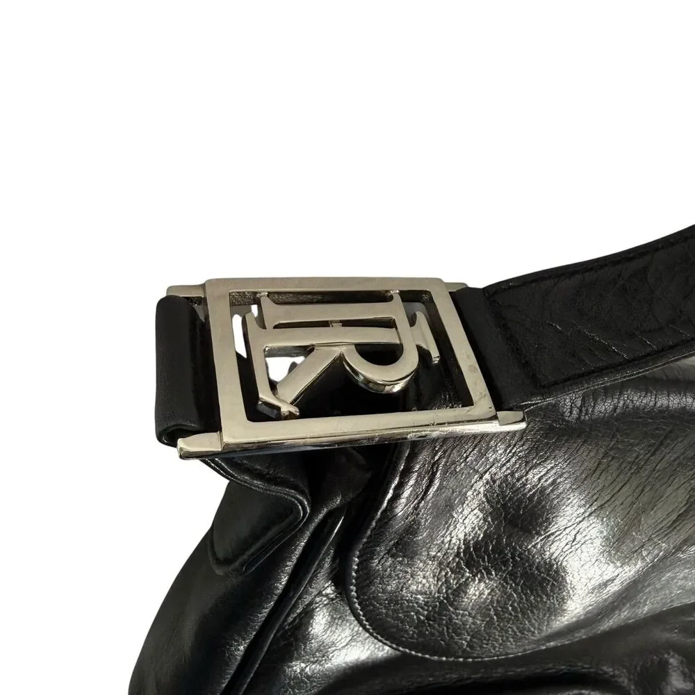 Ralph Lauren Black Leather Shoulder Bag Purse Silver LOGO Strap
